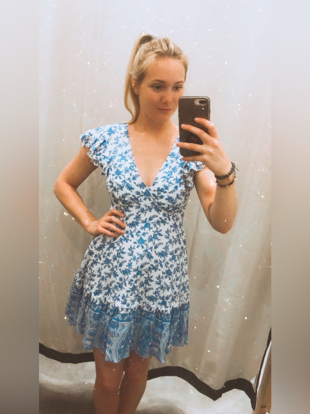 Ally Fashion White and Blue Floral Tie-Waist Kids Dress